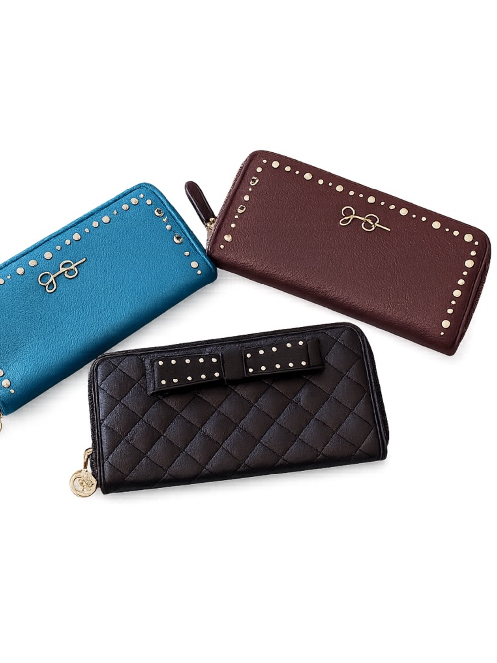Lot of 3 Jessica Simpson Stylish Stud-Trim Zip Wallet - Blue, Brown, Black